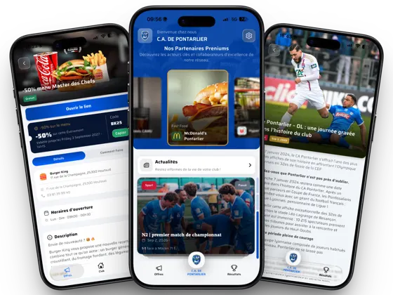 Application TonClub du C.A. de Pontarlier présentant une offre partenaire, l’accueil du club et une actualité